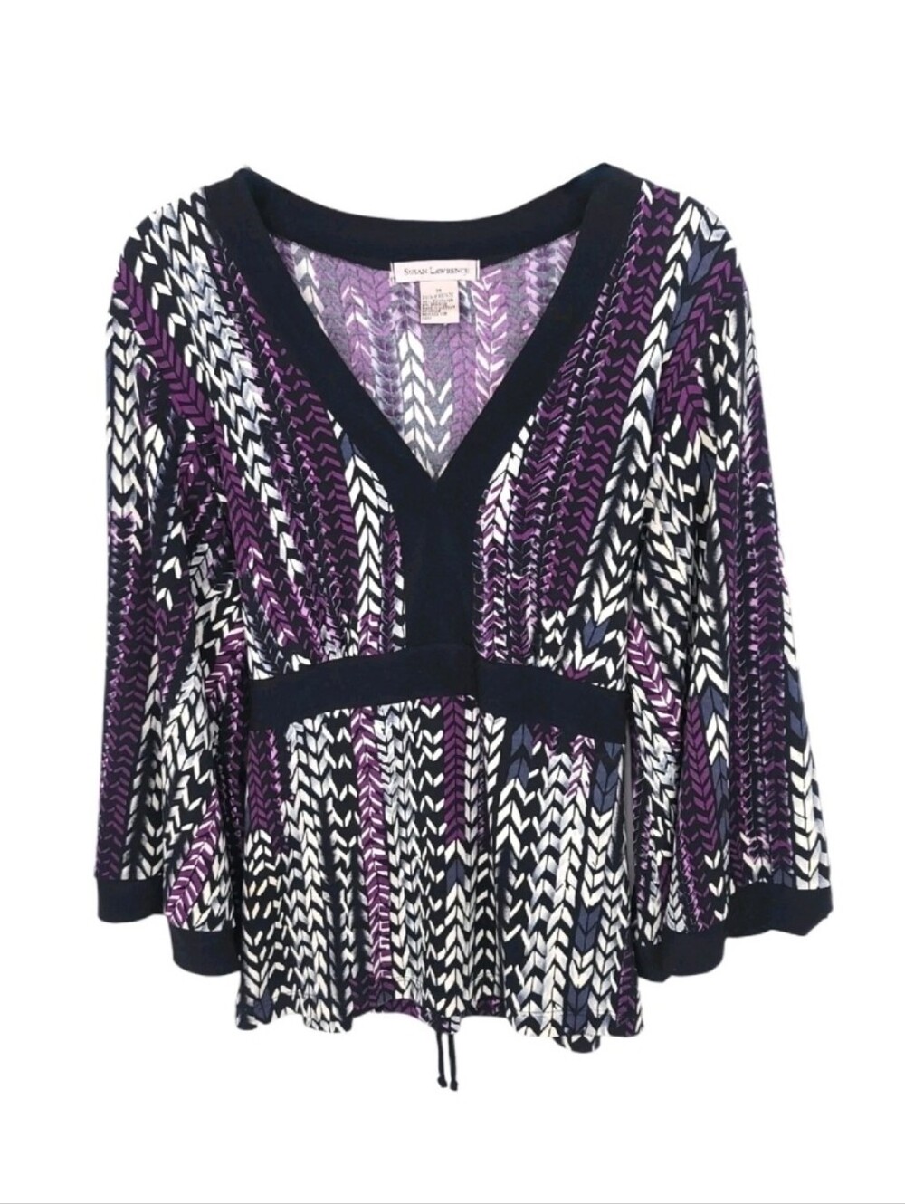Susan Lawrence Top Womens Medium Y2K Blouse V Neck Bell 3/4 Sleeve Empire Vtg